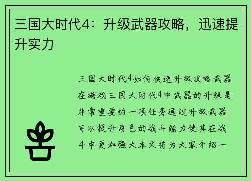 三国大时代4：升级武器攻略，迅速提升实力